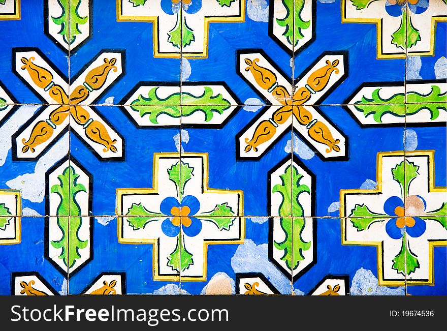 Antique colorful tiles blue green and yellow