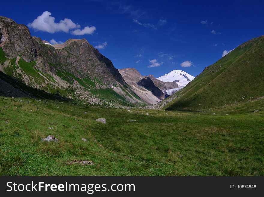 Mountain valley with views of Elbrus.