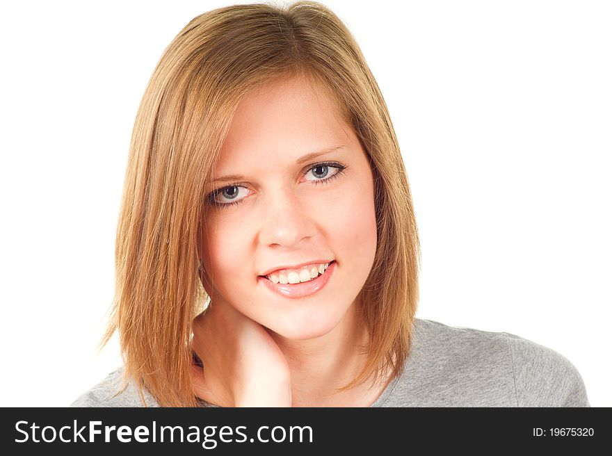 Smiling casual girl on white background