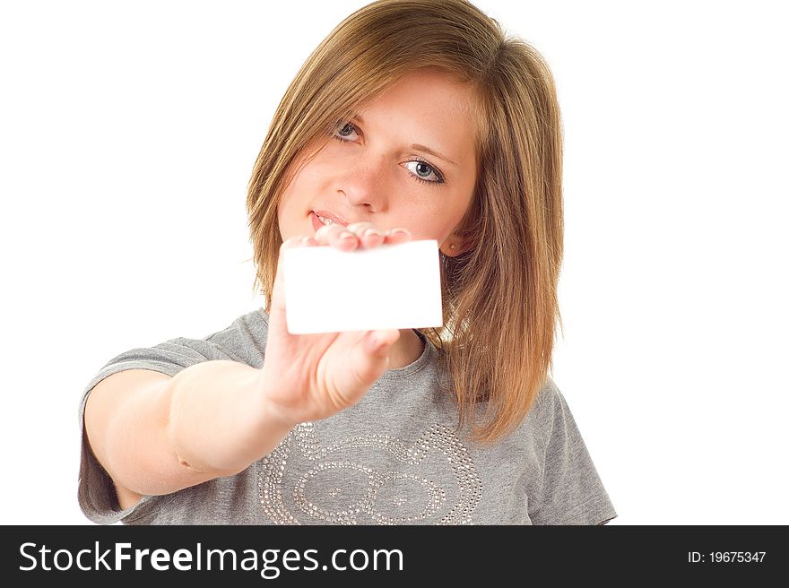 Young woman holding a placard on white background. Young woman holding a placard on white background