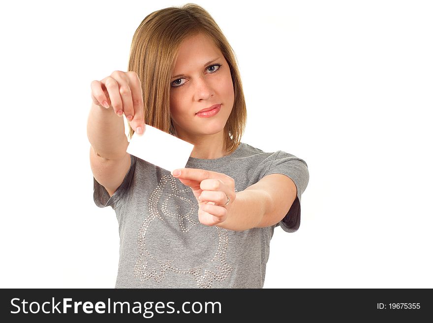 Young girl holding a placard on white