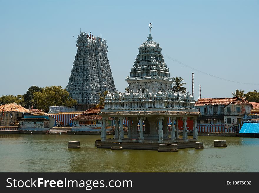 Suchindram temple dedicated to the gods Shiva, Vishnu and Brahma, protected by UNESCO. Kanniyakumari, Tamil Nadu, South India