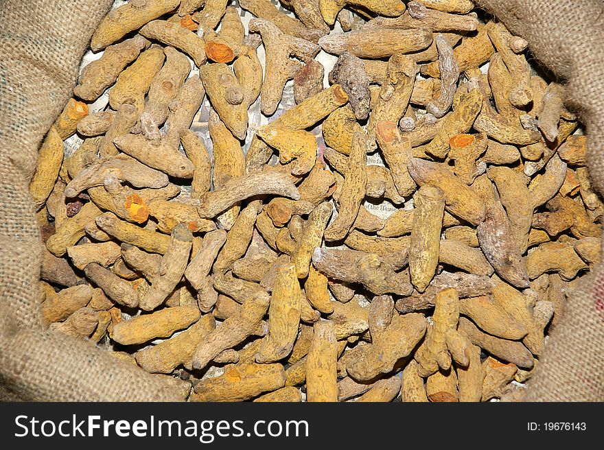 Group of tumeric roots, asian spices