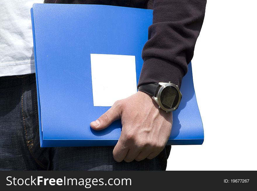 Documents folder in the hand of a man with a clock. Documents folder in the hand of a man with a clock