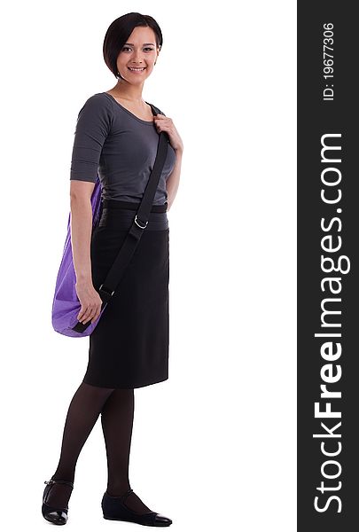 Yong businesswoman with yoga mat in casual dress isolated. Yong businesswoman with yoga mat in casual dress isolated