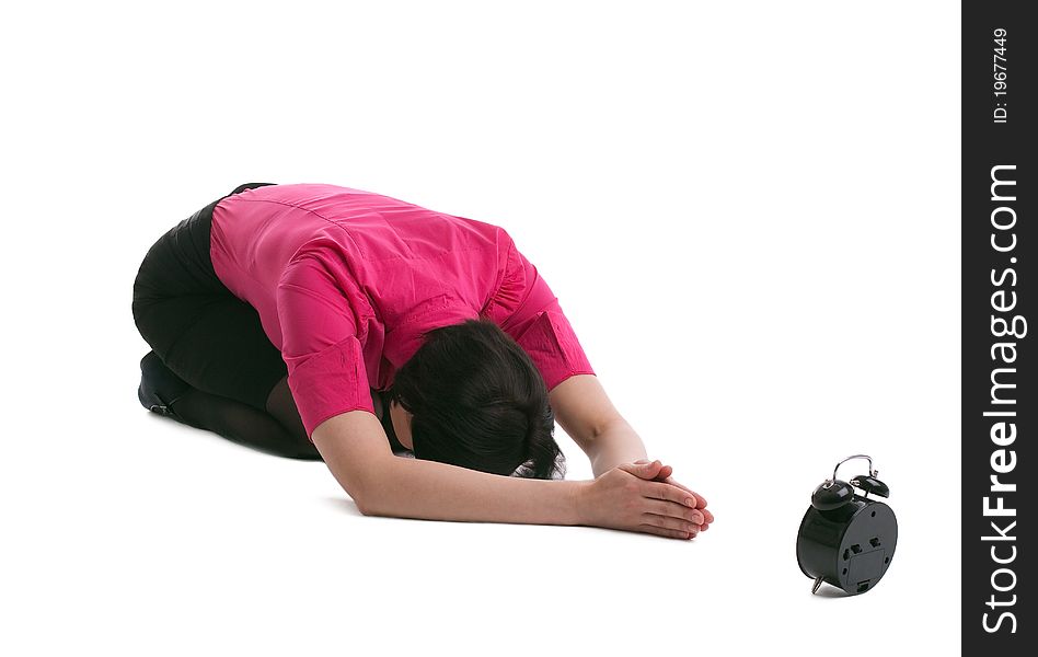 Business woman lay in yoga pray for time isolated