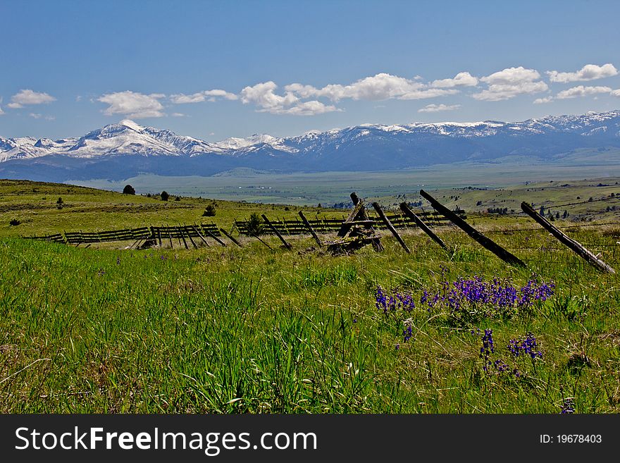 This image of the fencing, snow fence, wildflowers and the valley with the snow covered mountains in the background was taken in Oregon. This image of the fencing, snow fence, wildflowers and the valley with the snow covered mountains in the background was taken in Oregon.