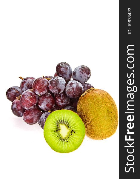 The fruits include kiwi and grape in white background