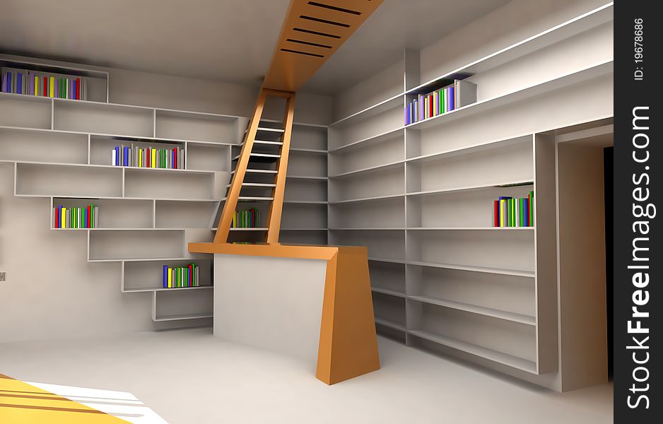 3D Model building interior of modern book store. 3D Model building interior of modern book store