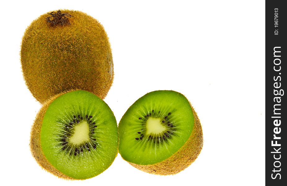 The fruits include kiwi ,in white background
