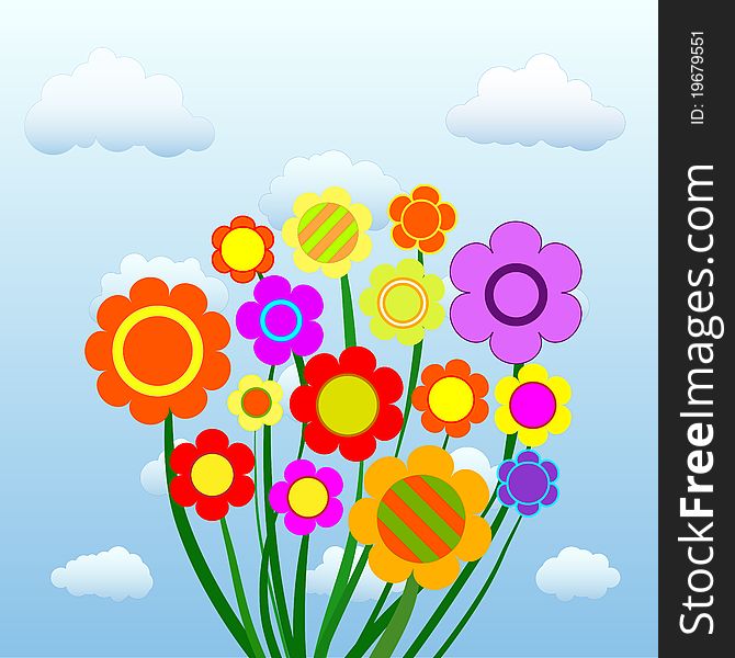 A bouquet of fifteen colorful flowers against a cloudy sky. A bouquet of fifteen colorful flowers against a cloudy sky.