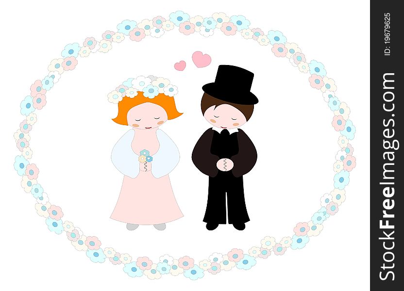 Wedding couple in a flower frame - illustration
