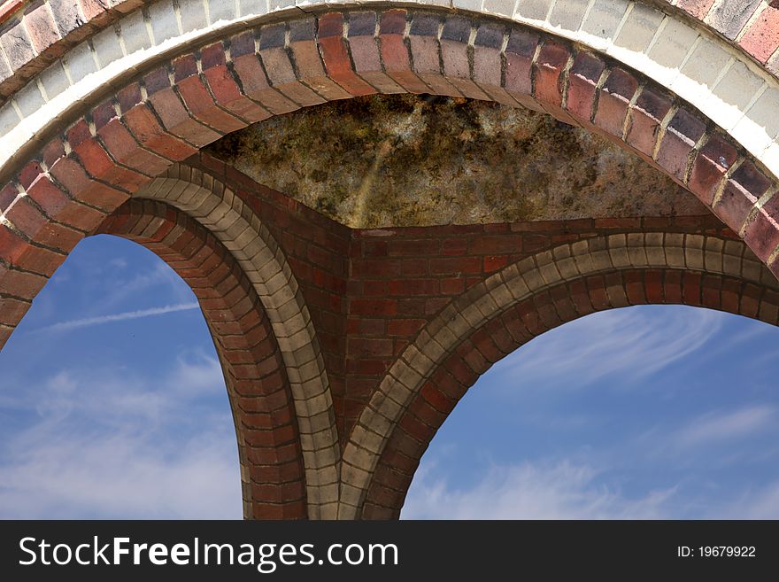Close up of brickwork arch with sky