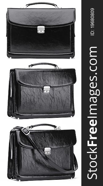 Black leather case with strap three view isolated. Black leather case with strap three view isolated