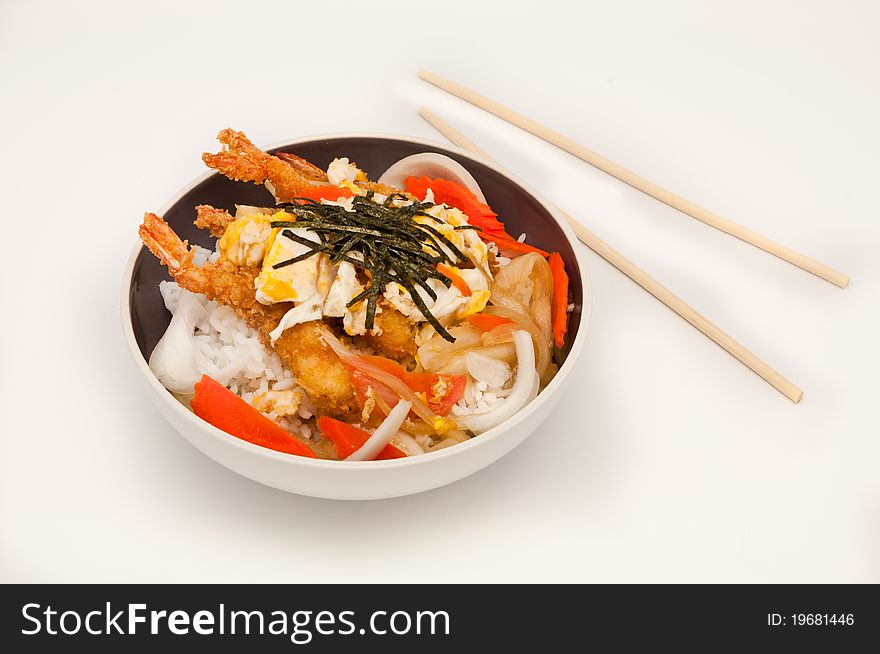 Rice with shrimp tempura,Japanese food