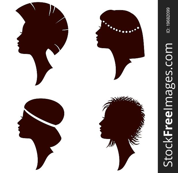 Beautiful women and girl silhouettes with different hairstyle, set