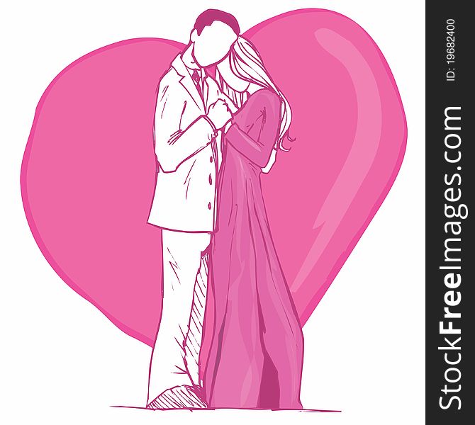 Valentines card design of couple in pink. Heart behind