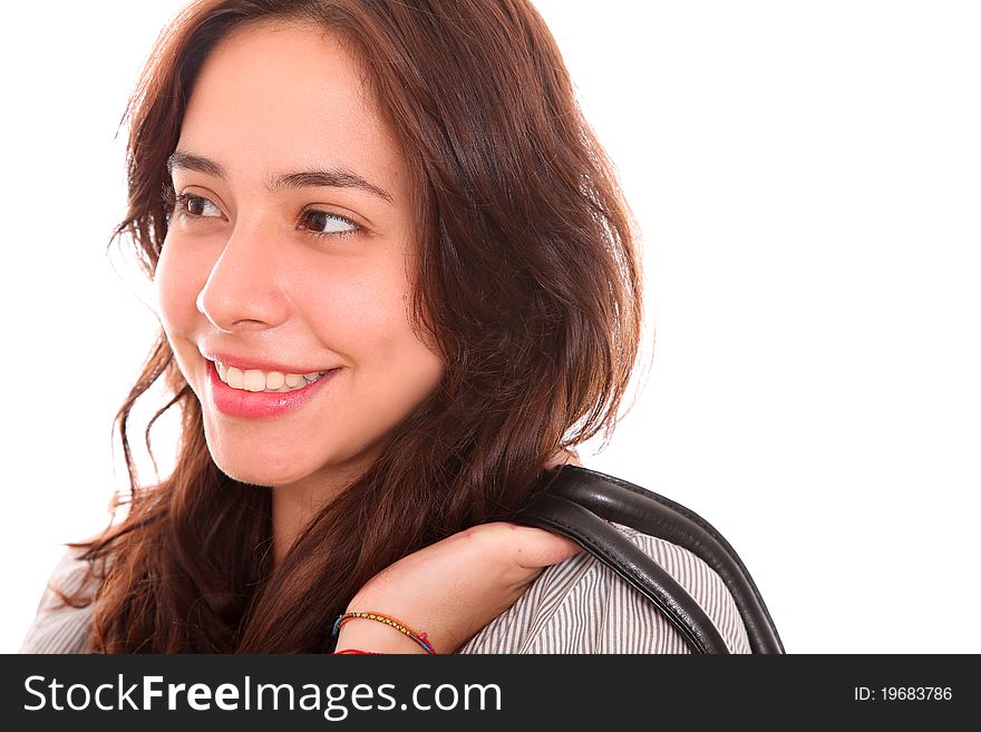 Young woman looking to one side over white background