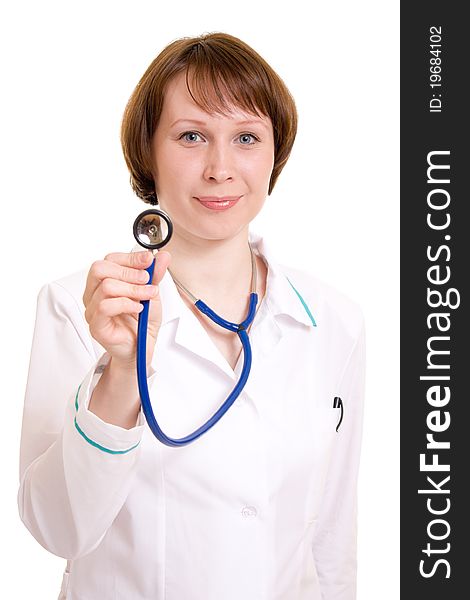 Woman doctor on a white background.