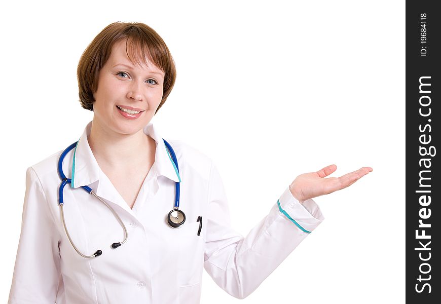 Woman doctor on a white background.