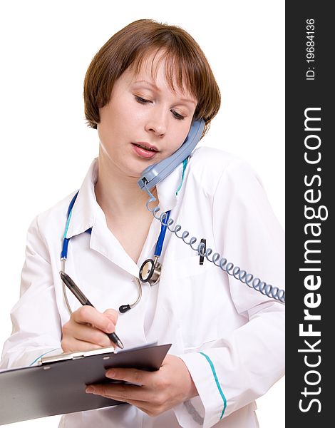 Woman doctor on a white background.