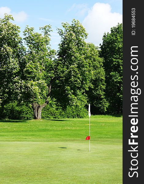 Golf course with white flag