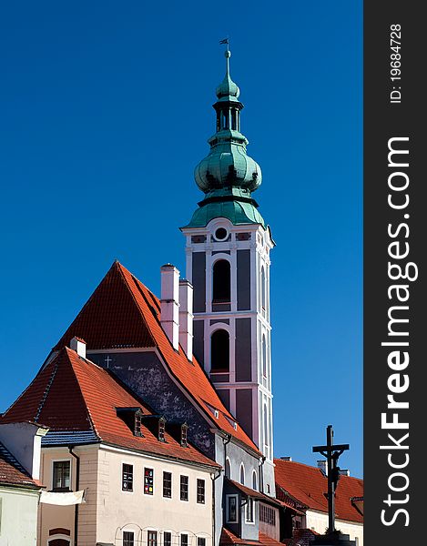 View at a church tower in Cesky Krumlov. View at a church tower in Cesky Krumlov.