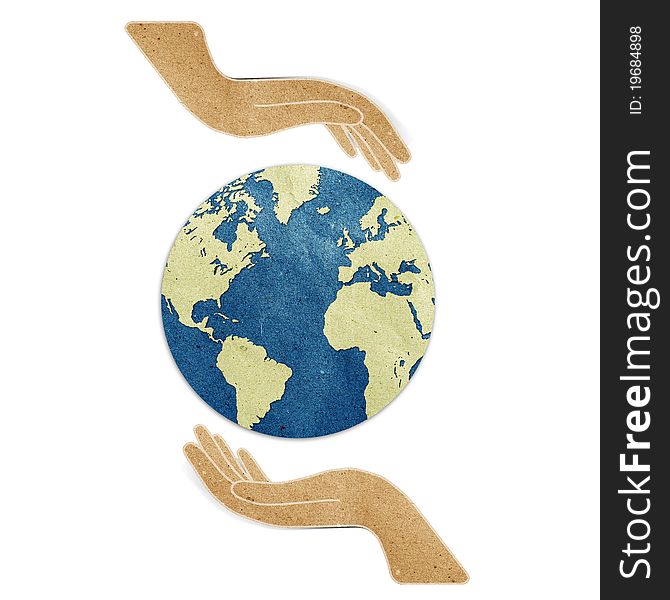Earth in hands recycled paper craft stick on white background .Data source: NASA