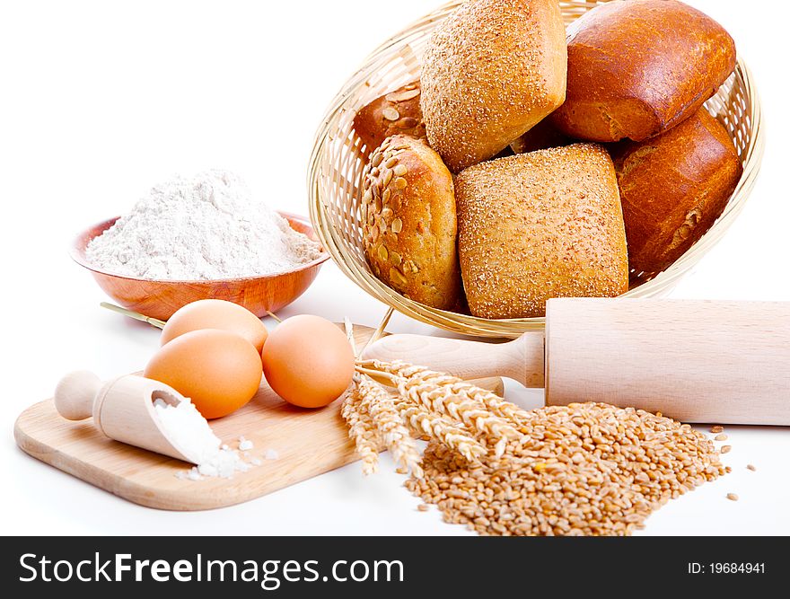 Ingredients for homemade bread,  isolated on a white background