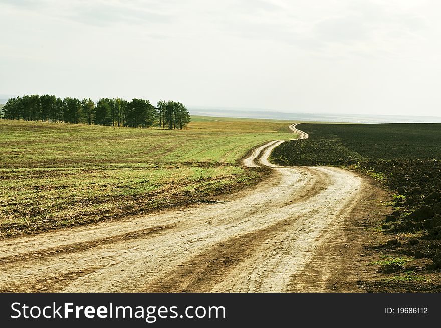 Landscaping, country way, arable land and bright trees in the distance, bend, intertwining. Landscaping, country way, arable land and bright trees in the distance, bend, intertwining