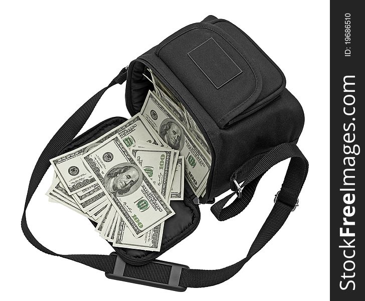 Black bag full of money. Isolated on white background