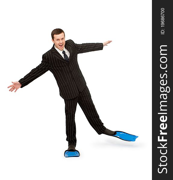 Man In A Business Suit And Flippers For Swimming