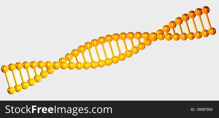 3D rendered yellow reflective isolated DNA chain on white