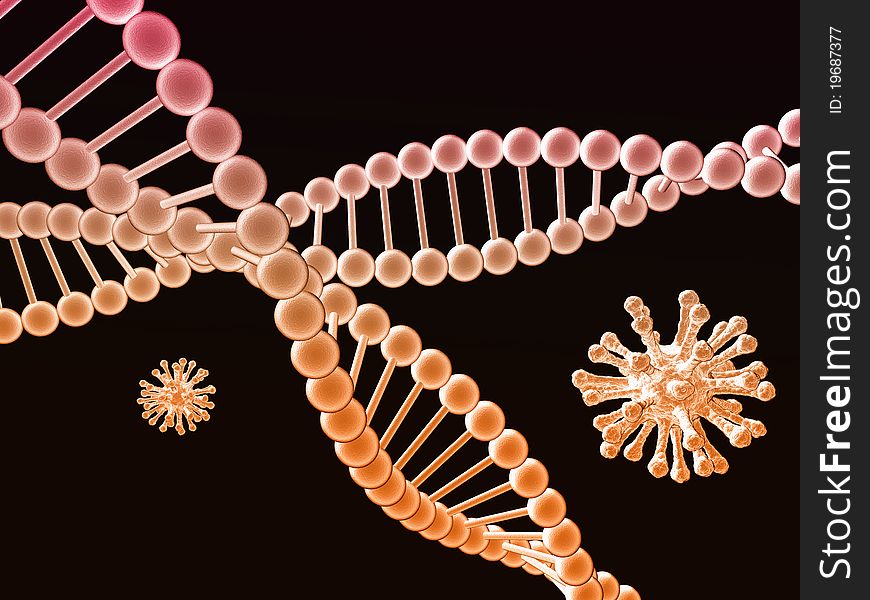 Two 3D rendered DNA chains and viruses on black background. Two 3D rendered DNA chains and viruses on black background