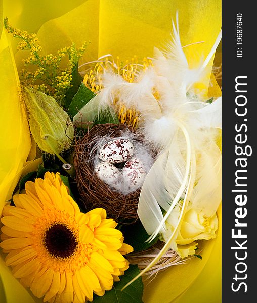 Colorful easter eggs and beautiful flowers (easter composition) . Colorful easter eggs and beautiful flowers (easter composition) .