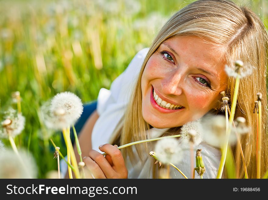 Caucasian woman in spring field. Caucasian woman in spring field