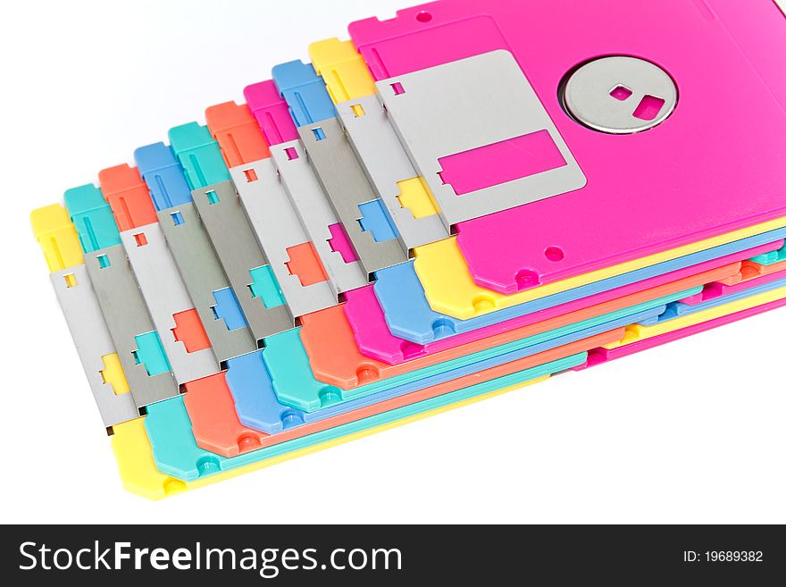 Obsolete colorful diskette technology being fade used. Obsolete colorful diskette technology being fade used