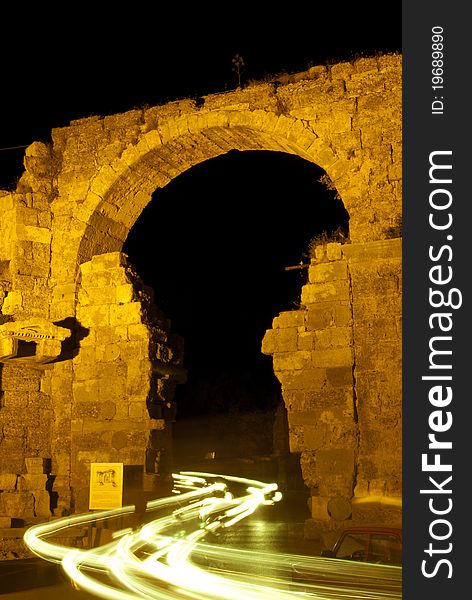 Night shot of the gate to Temple of Apollo: Side, Turkey