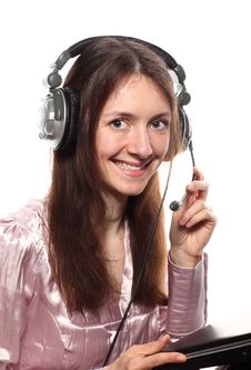 Smiling Young Woman With Headphones And Laptop Stock Image Smiling Young Woman With Headphones And Laptop Stock Image