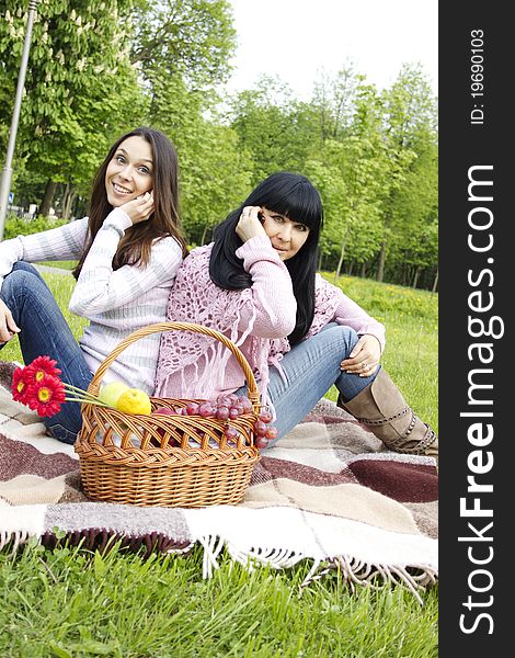 Mother and daughter sitting at a picnic they say, both by phone next to a fruit basket with flowers and wine. Mother and daughter sitting at a picnic they say, both by phone next to a fruit basket with flowers and wine