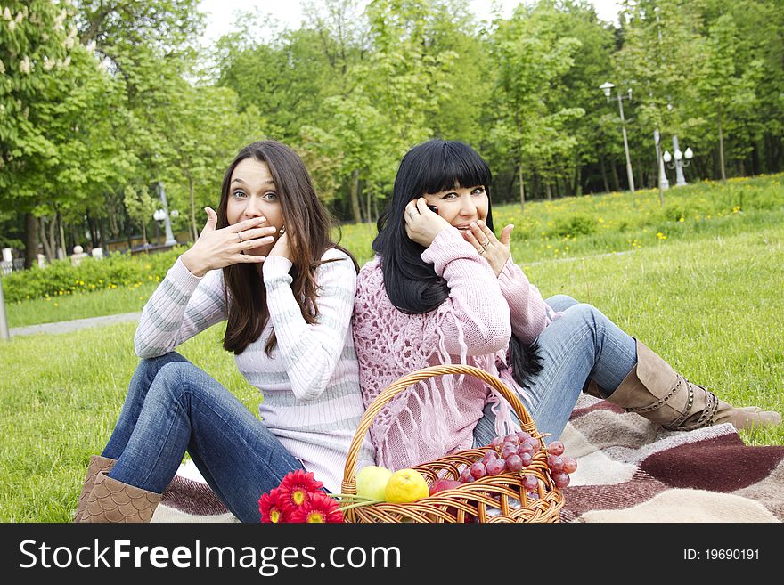 Mother and daughter sitting at a picnic they say, both by phone next to a fruit basket with flowers and wine. Mother and daughter sitting at a picnic they say, both by phone next to a fruit basket with flowers and wine