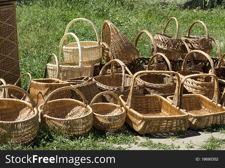 Traditional ukrainian handmade baskets of varying size made by weaving a wooden rod