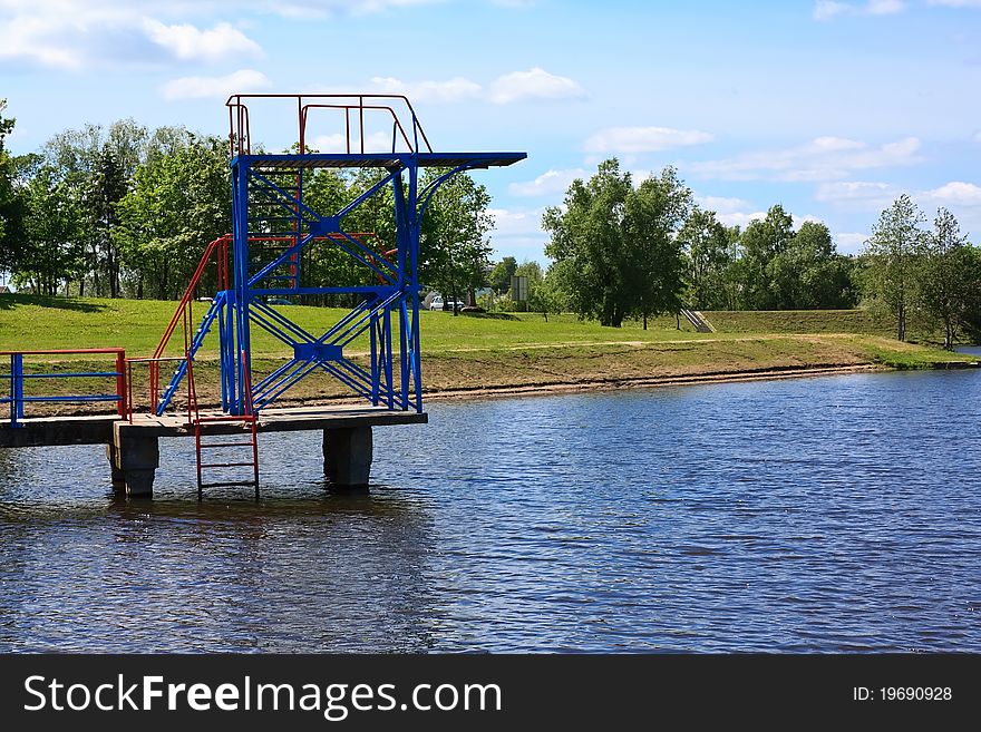 Springboard, jumping into the water in the river