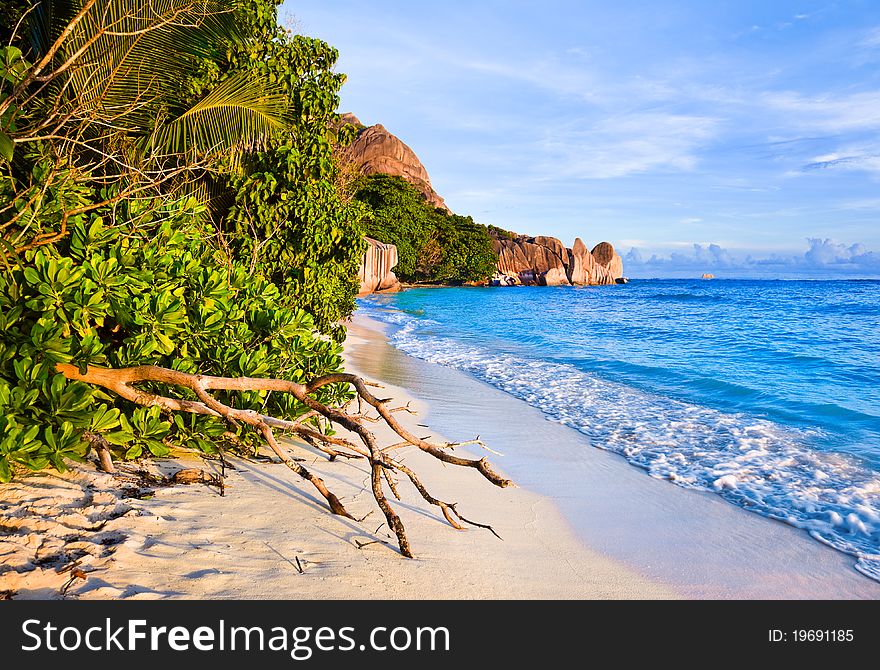 Tropical beach Source D'Argent at Seychelles - vacation background