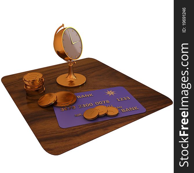 Golden clock, credit card, coins on table. Golden clock, credit card, coins on table