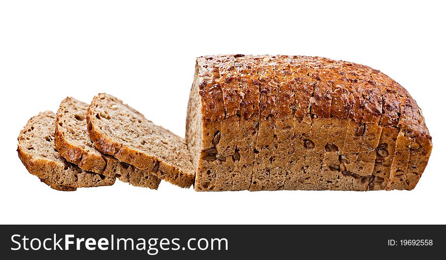 Bread on cutting board isolated on white
