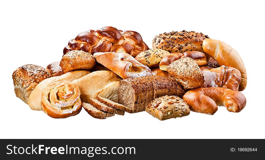 Different kinds of bread isolated on white. Different kinds of bread isolated on white