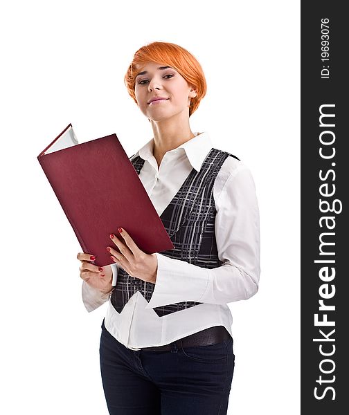 Female university student smiling and carrying notebook - isolated over a white background