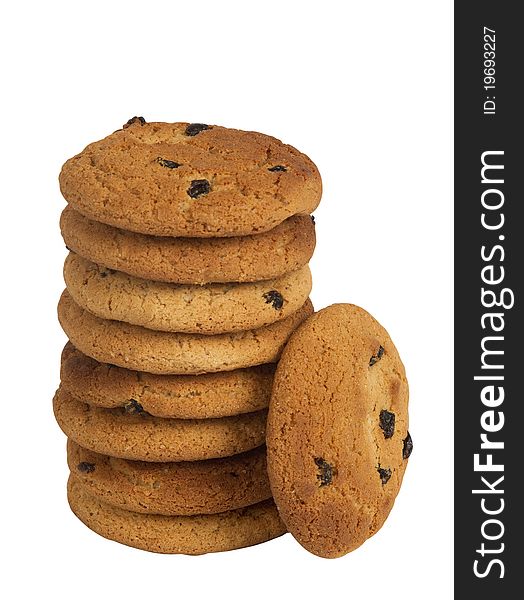 Stack of oatmeal chip cookies with raisins, isolated on white background. Stack of oatmeal chip cookies with raisins, isolated on white background.