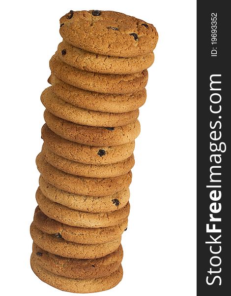 Stack of oatmeal chip cookies with raisins, isolated on white background. Stack of oatmeal chip cookies with raisins, isolated on white background.